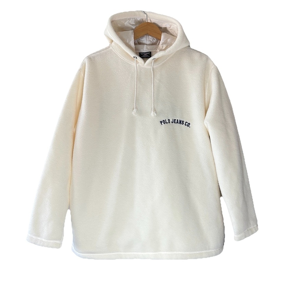 VTG Y2K Ralph Lauren Polo Jeans Co Unisex Large Fleece‎ Hoodie Cream Made in USA